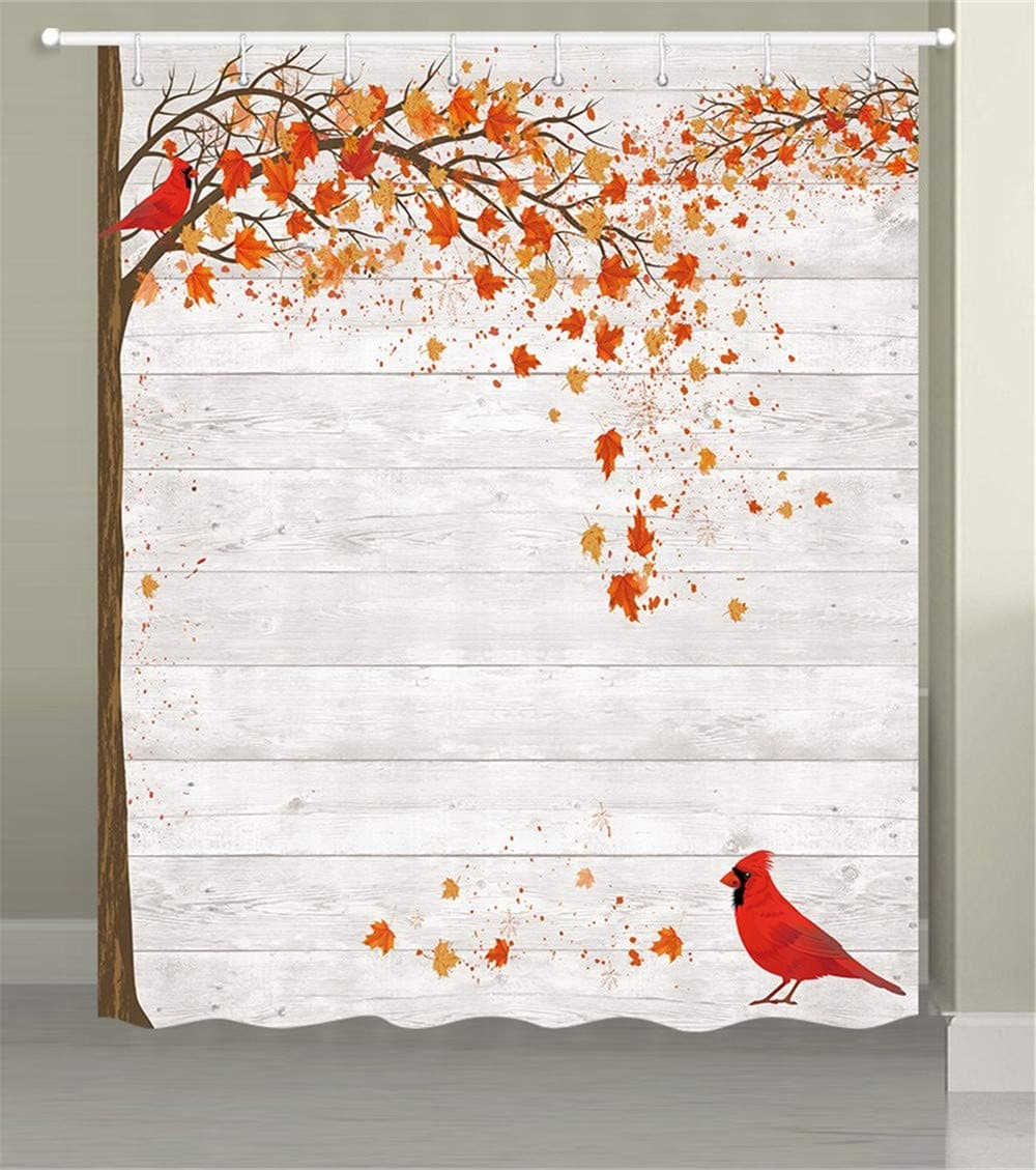RV Shower Curtain Red Maple Leaves, Fall Leaf with Cardinal Bird on Rustic Wood Country Barn Wall, Autumn Season Farmhouse Art Fabric Shower Curtains for Campers Trailer Camping Bathroom 47 X 64 Inch