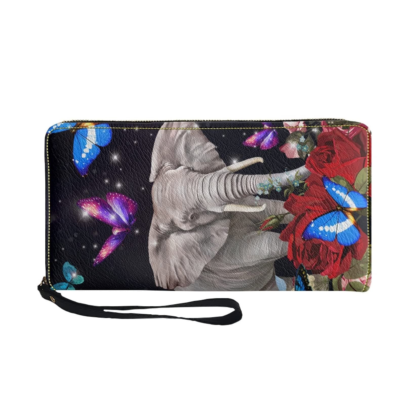 Elephant Butterfly Print Women's PU Leather RFID Blocking Zip Around Wallet Clutch with Wristlet Strap,Fashion Ladies Purse