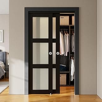 SMARTSTANDARD Bypass Sliding Closet Doors 48x80 in (Double 25in) for Bedroom, 3-Lite Frosted Glass Bypass Door with Hardware Kit Included, Preassembled Door Panel, Water-Proof PVC Surface, Black