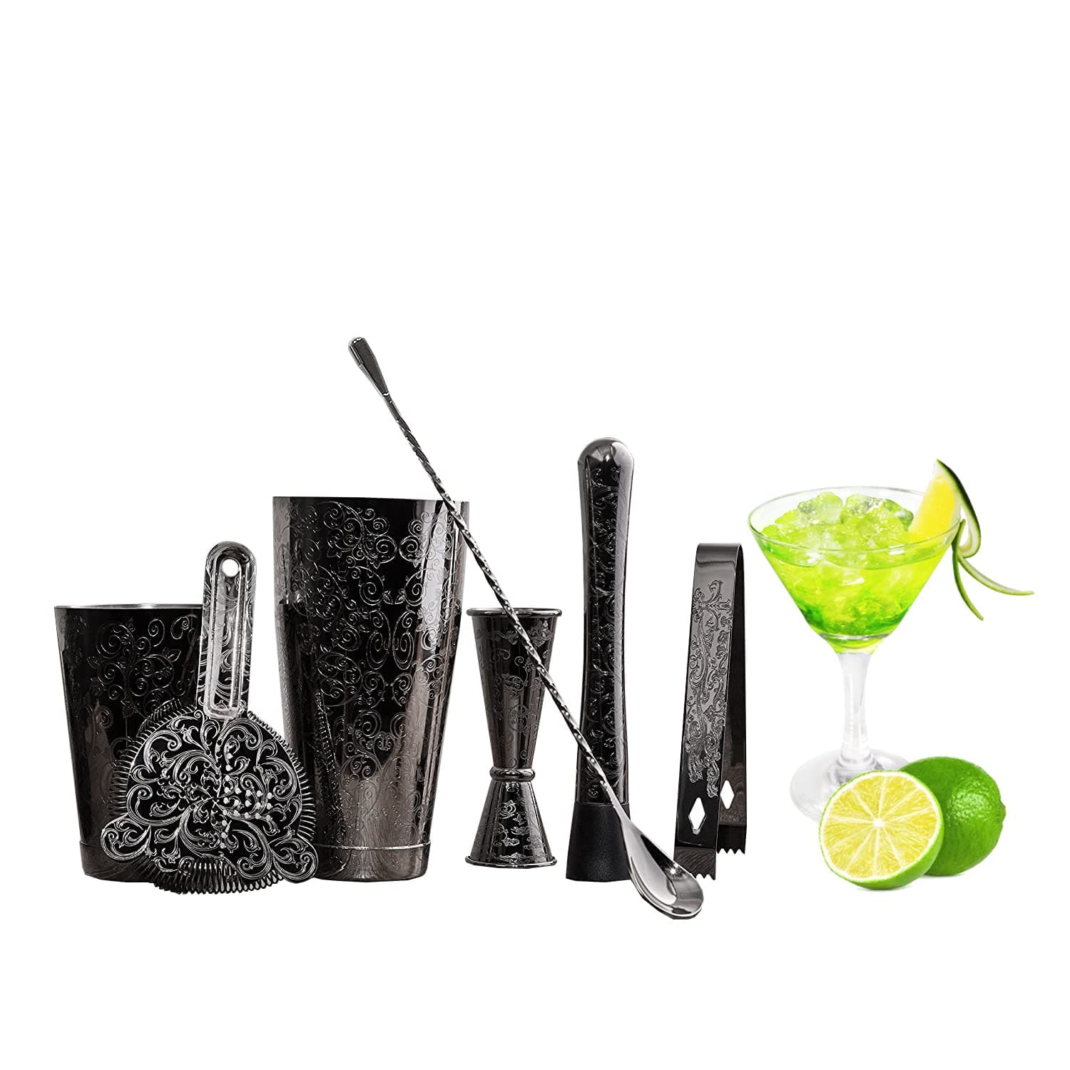 SKY FISH Bartender Kit Cocktail Shaker Set-7 Pieces Stainless Steel Black Plated Etching Bar Tools with Boston Shaker Tins,Mixing Spoon,Mojito Muddler,Japanese Double Jigger,Hawthorne Strainer