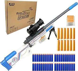 AGM MASTECH AWM Shell-Throwing Blaster Set, 40 Official Foam Darts, 4-Dart Cartridge, 2 Magazines, Fun Playset for Boys, Kids, and Adults (White)