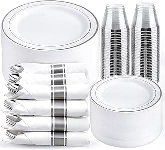- WELLIFE 350Pcs Silver Plastic Plates for 50 Guests - Disposable Dinnerware Set, Party Supplies Includes 100 Silver plates,150 Silverware,50 Napkins,50 Cups, Plastic Plates for Party and Wedding
