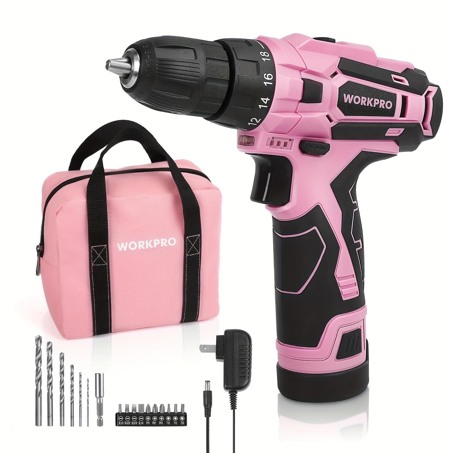 Pink Cordless Drill Driver Set, 12V Electric Screwdriver Driver Tool Kit, 3/8" Keyless Chuck, Charger and Storage Bag Included - Pink Ribbon