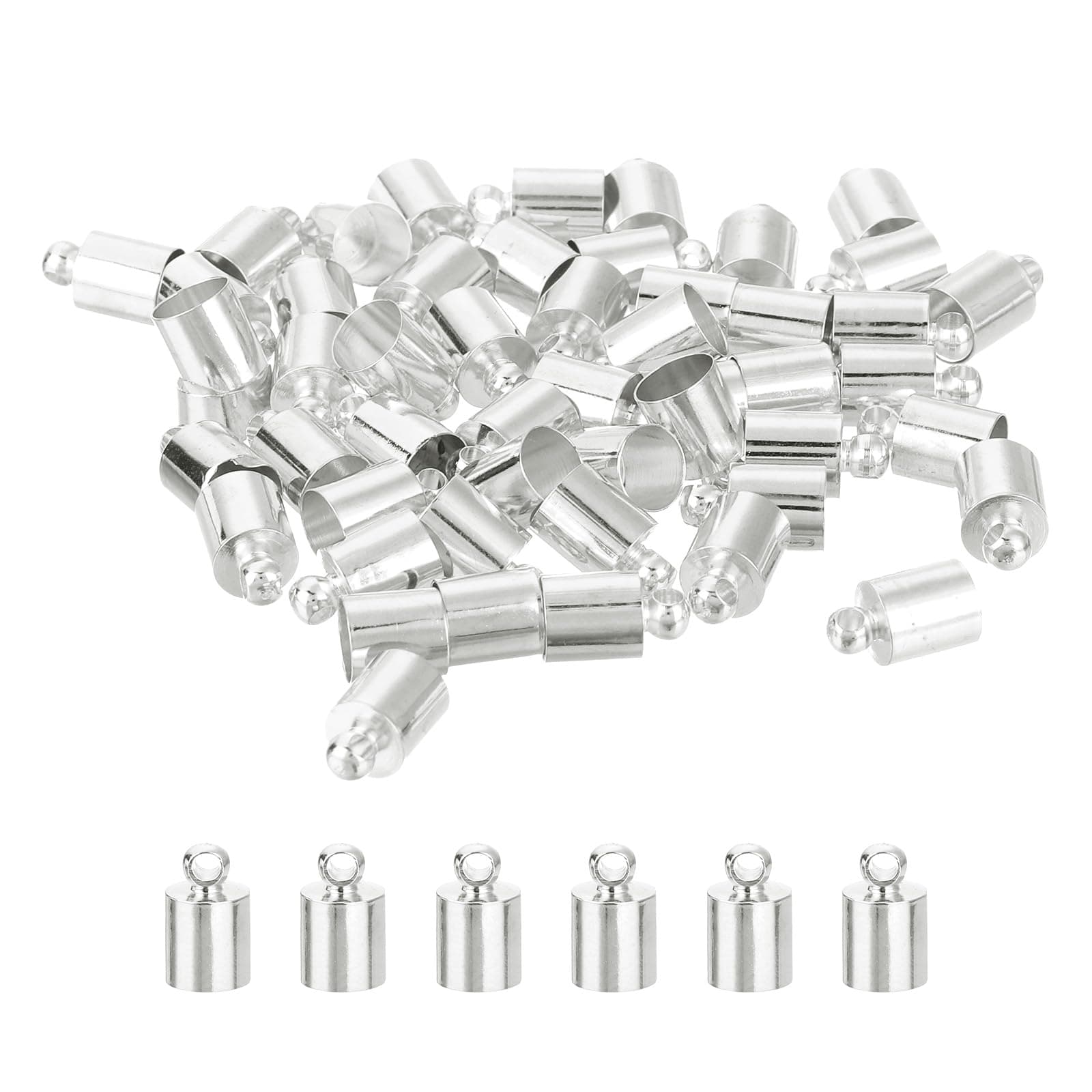 sourcing map 50Pcs Leather Cord End Caps, 6mm OD Column Barrel Terminators for DIY Making Leather Bracelets Tassels, Silver Tone
