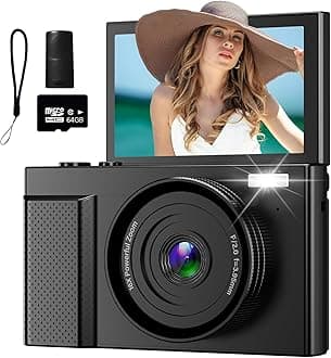 4K Digital Camera for Photography, 64MP Vlogging Video Camera for YouTube with 3'' 180°Flip Screen, 64GB Micro SD Card, 16x Digital Zoom Point Shoot Compact Travel Vintage Cameras (Black)