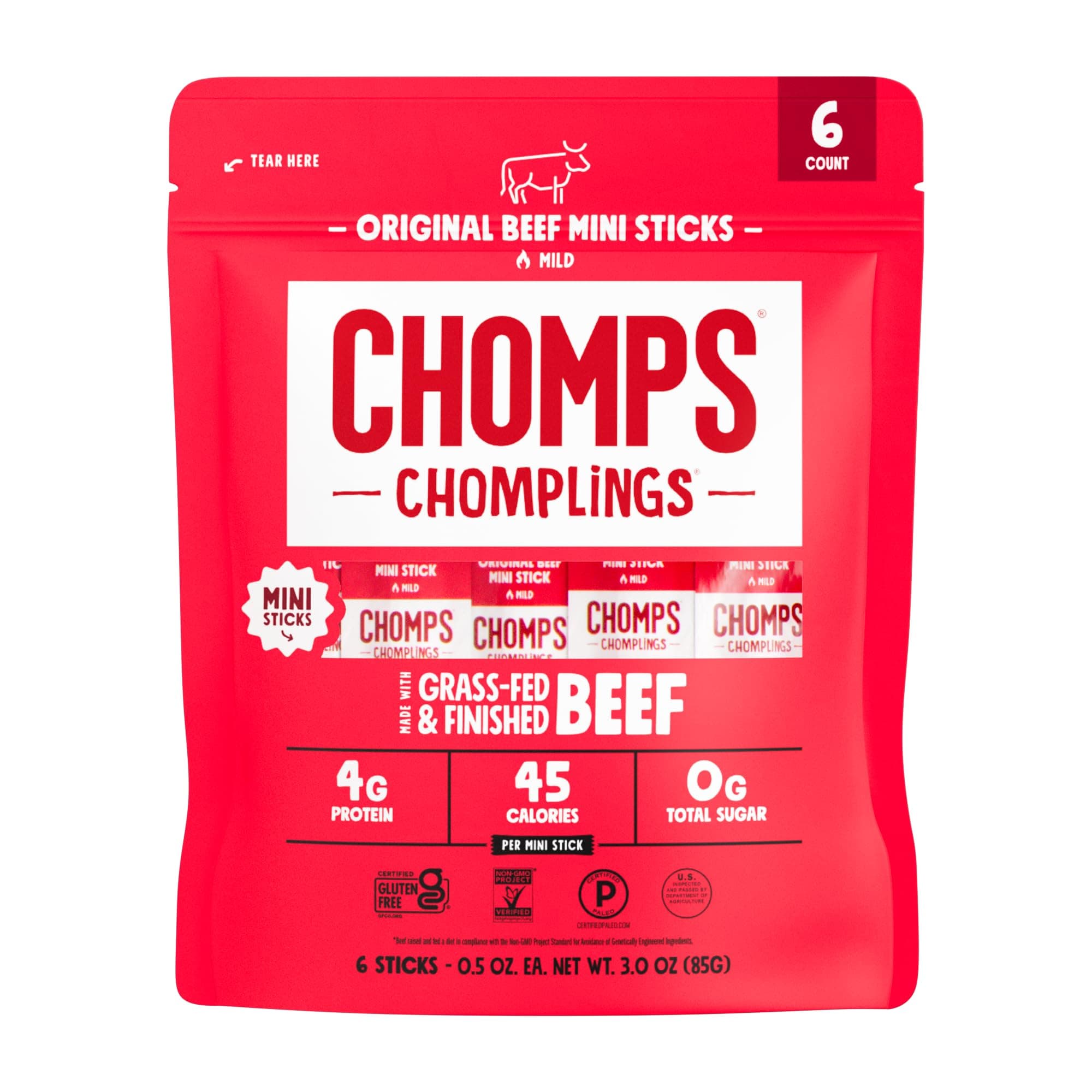 CHOMPS MINI Grass Fed Beef Jerky Meat Snack Sticks 0.5 Oz, Original Beef (Pack of 6)