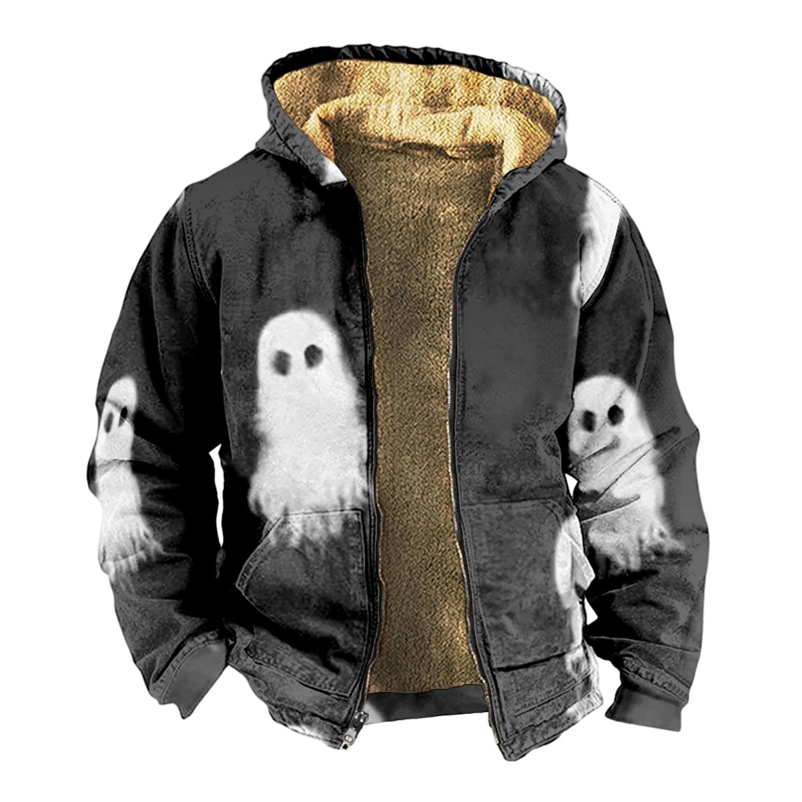 StrungtenWinter Jackets For Men Pattern Print Full Zip Fleece Jacket Casual Running Jacket Work Jackets Thermal Lumberjack Jacket With Hood Warm Cycling Jacket Sport Jackets Plus Size Winter Coats