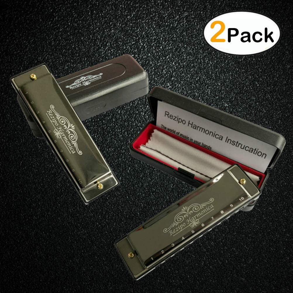 2 PCS Diatonic Harmonica Standard 10 Hole 20 Tones Harmonica Key of C Blues Harp with Case for Beginner Kids Adult, 2 Pack Set, Double Black By REZIPO