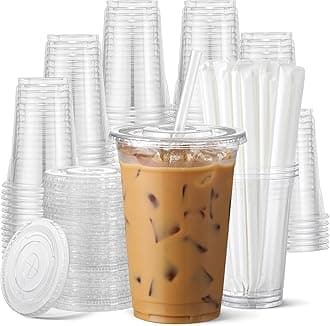 AOZITA 100 Pack - 20 oz Clear Plastic Cups with Lids and Straws, Food Safe Disposable Iced Coffee Cups for Cold Beverages, Smoothies, Iced Coffee, Leak-Proof, BPA-Free