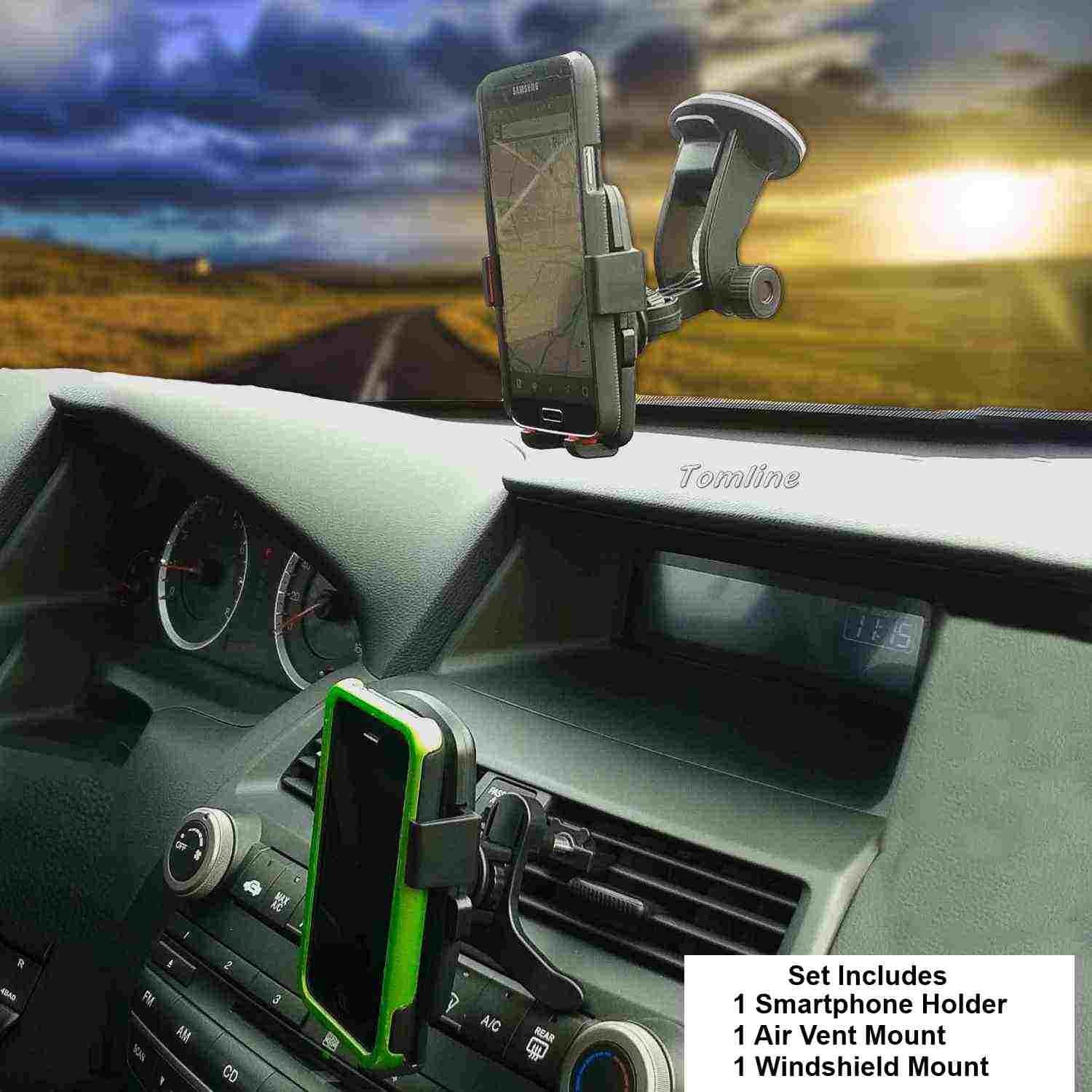 Tomline Universal Air Vent - Windshield - Smartphone Car Mount Cell Phone Holder for iPhone and Android Smartphones - and most handheld devices with maximum width of 3 inches (1 set - black with red cushions)