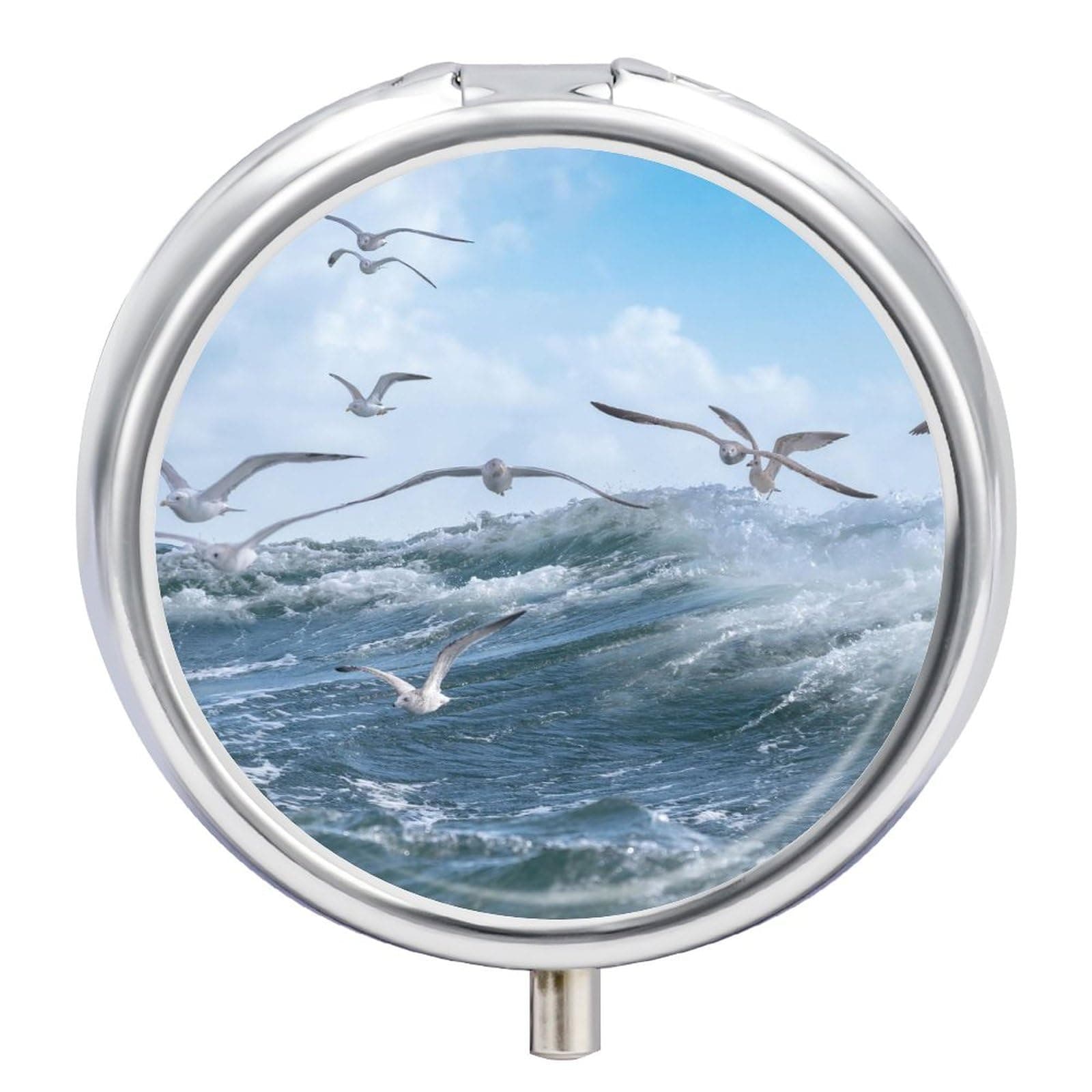 Mini Pill Organizer, 3 Compartment Portable Pill Box for Pocket Purse, Round Metal Pill Holder, Small Travel Pill Case for Travel or Daily - Seabird