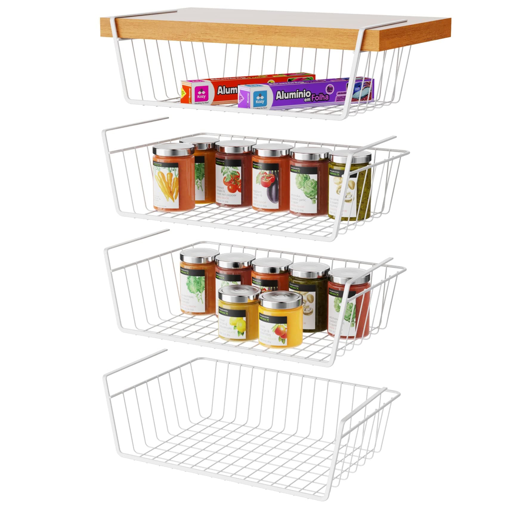 Veckle Undershelf Storage Basket, 4 Pack Under Shelf Basket Add Storage Space Metal Under Cabinet Organizer with Coated for Kitchen Pantry Cabinet Shelves, White
