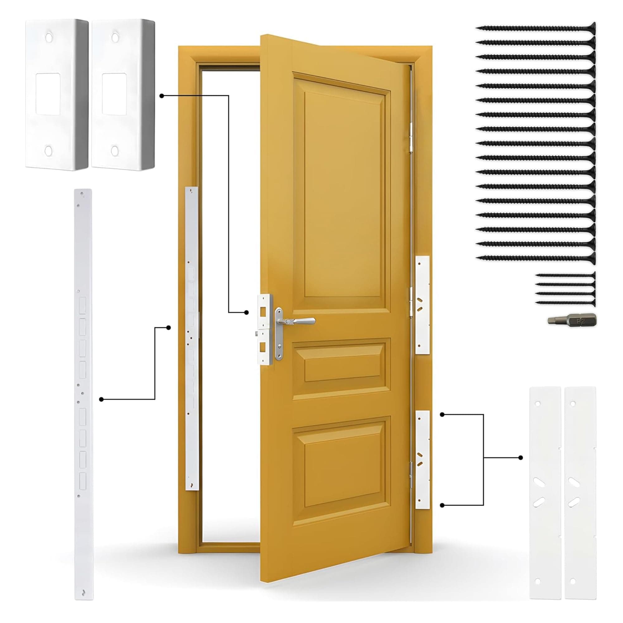 Door Armor MAX Single Door Security Kit, Door Reinforcement Set for Jamb, Frame & Hinges, 5-Piece Door Lock Security, 30-Min Installation, Corrosion Proof, White