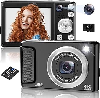 – Digital Camera, 48MP 4K Autofocus Cameras for Photography, Vlogging, Compact Camera with Front and Rear Camera, 16X Zoom Protable Anti-Shake Point and Shoot Cameras with 32GB SD Card