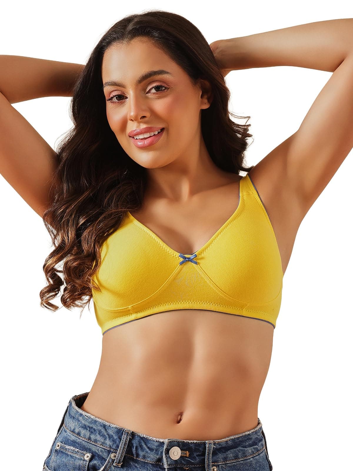 Women's Cotton Rich Solid Non-Padded Demi Cup Wire Free T-Shirt Bra in Yellow
