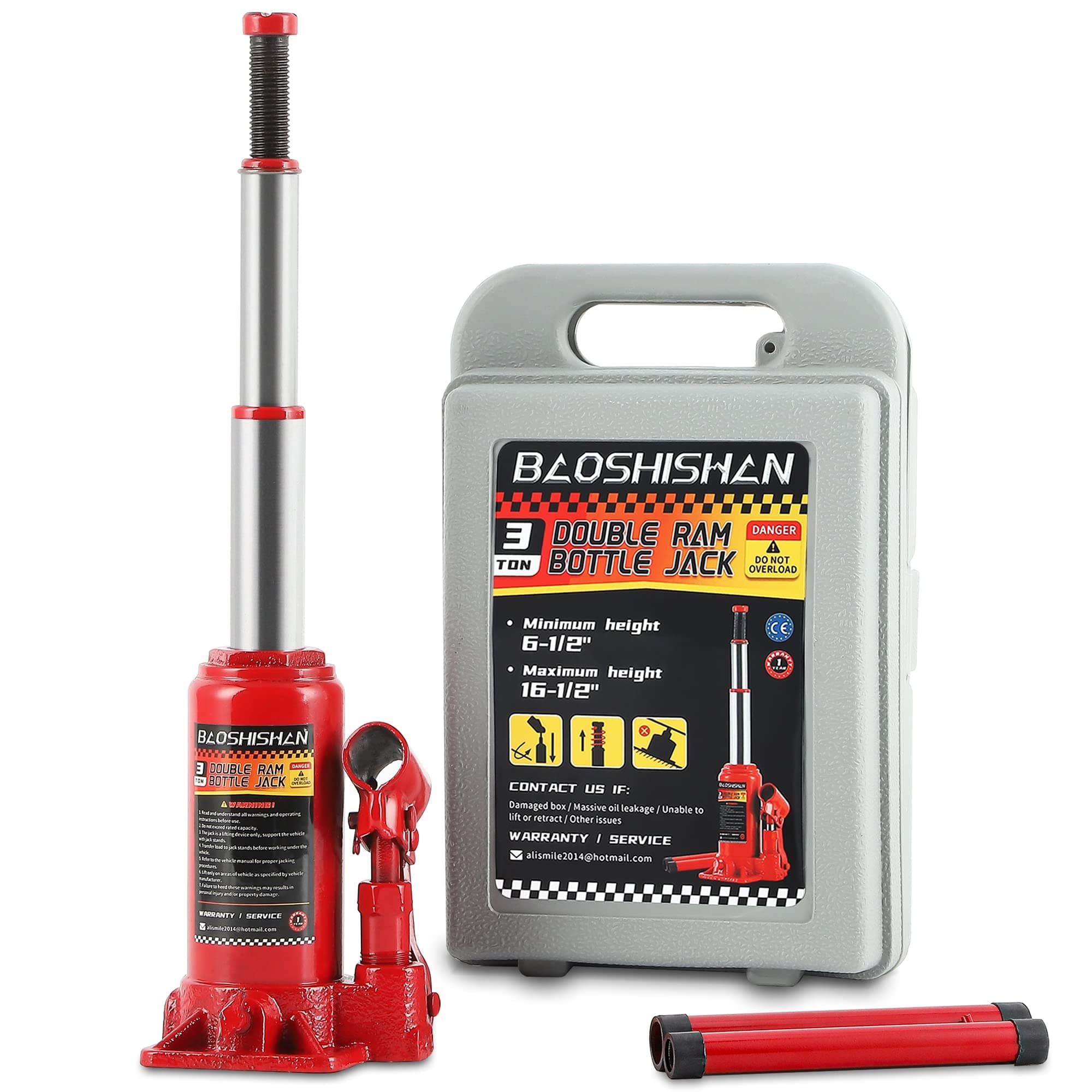BAOSHISHAN 3 Ton Double Ram Bottle Jack 6-1/2" to 16-1/2" Lifting Range Portable Hydraulic Jack with Carrying Case