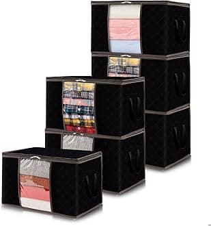 Lifewit 6 Pack Clothes Storage Bags, Foldable Storage Box Moving Bags Wardrobe Storage Organiser Packing Boxes for Moving House with Clear Window for Clothing Bedding Blankets, Black