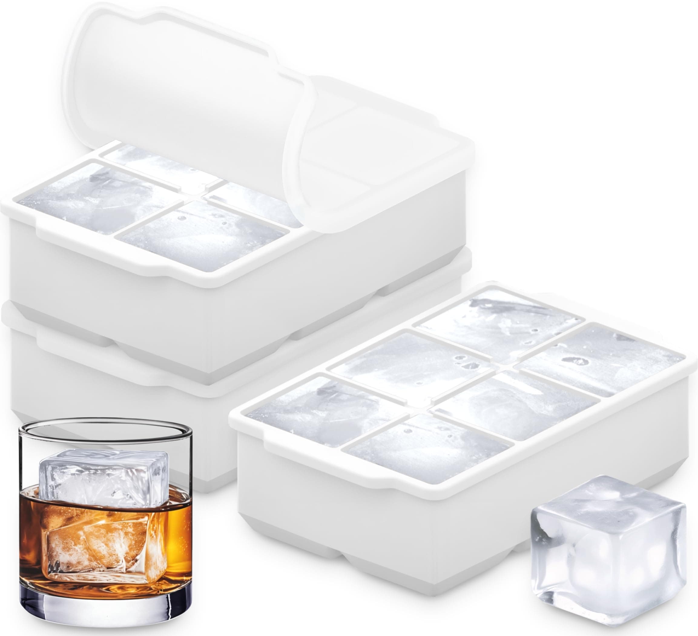 KitchFort Large Silicone Ice Cube Tray (3-Pack), Easy Release 2" Big Ice Cubes - Cocktail, Whiskey Ice Cubes Mold - Ice Trays for Freezer with Lid - Stackable Silicone Ice Tray - White