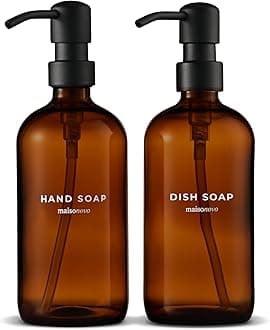 Hand and Dish Soap Dispenser Kitchen Set - 500 ml Amber Glass Soap Dispenser Bottle with Pump Black x 2, Waterproof Labels