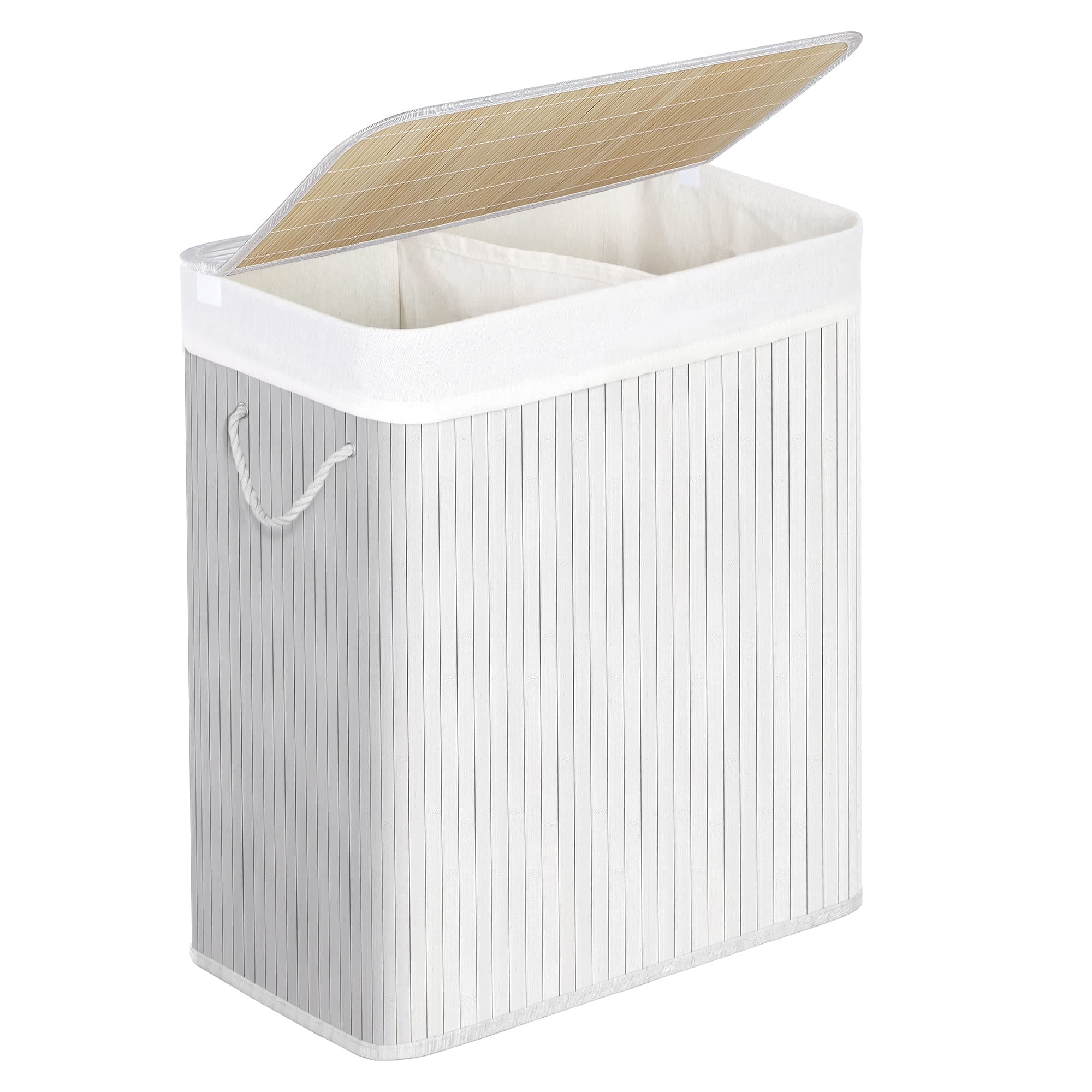 SONGMICS Bamboo Laundry Basket with Lid, 2 Sorting Compartments, White LCB64WT