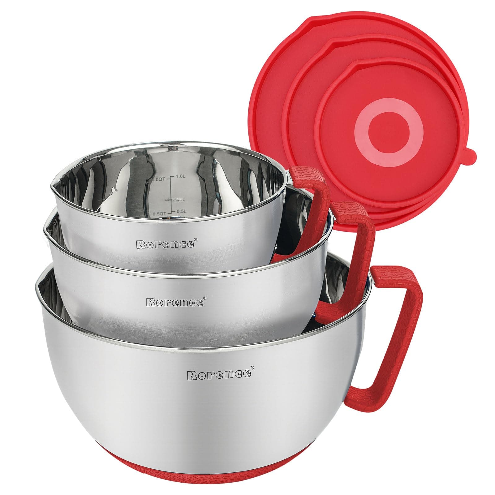 Mixing Bowls with Lids Set: Stainless Steel Mixing Bowls with Handles, Non-Slip Bottom & Pour Spout - Red, 3 quarts