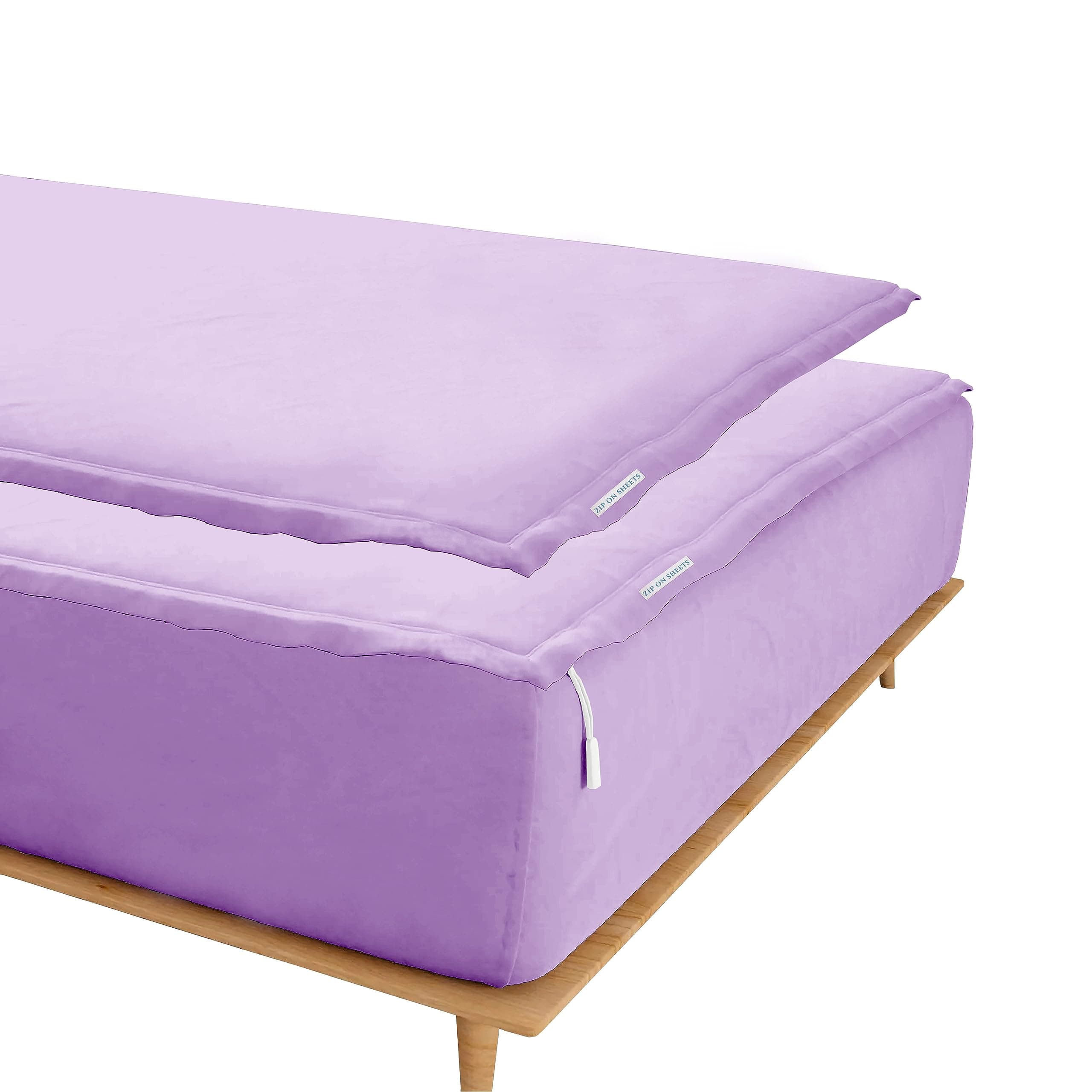 Zip On Sheets™ Zipper Fitted Sheet Twin Size - Upto 16” Inch Deep Pockets - Includes 1 Fitted Sheet Base & 2 Zip-On Sheets - Easy to Use, Sateen Cotton 500 TC Fitted Sheet - Lilec