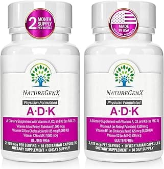 ADK Vitamin Supplement - Enhanced Bone Health with High Potency Vitamins A, D3, K2, Gluten-Free, 60 Capsules (Pack of 2)