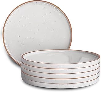 Ceramic Flat Dinner Plates Set of 6, 10.5 in High Edge Dish Set - Microwave, Oven, and Dishwasher Safe, Scratch Resistant, Modern Dinnerware- Kitchen Porcelain Serving Dishes - Vanilla White