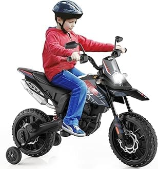 Kids Electric Motorbike, 12V Aprilia RX125 Ride on Motorcycle Dirt Bike with Training Wheels Spring Suspension, Battery Powered Off Road Toy with Bluetooth Lights (Blue)