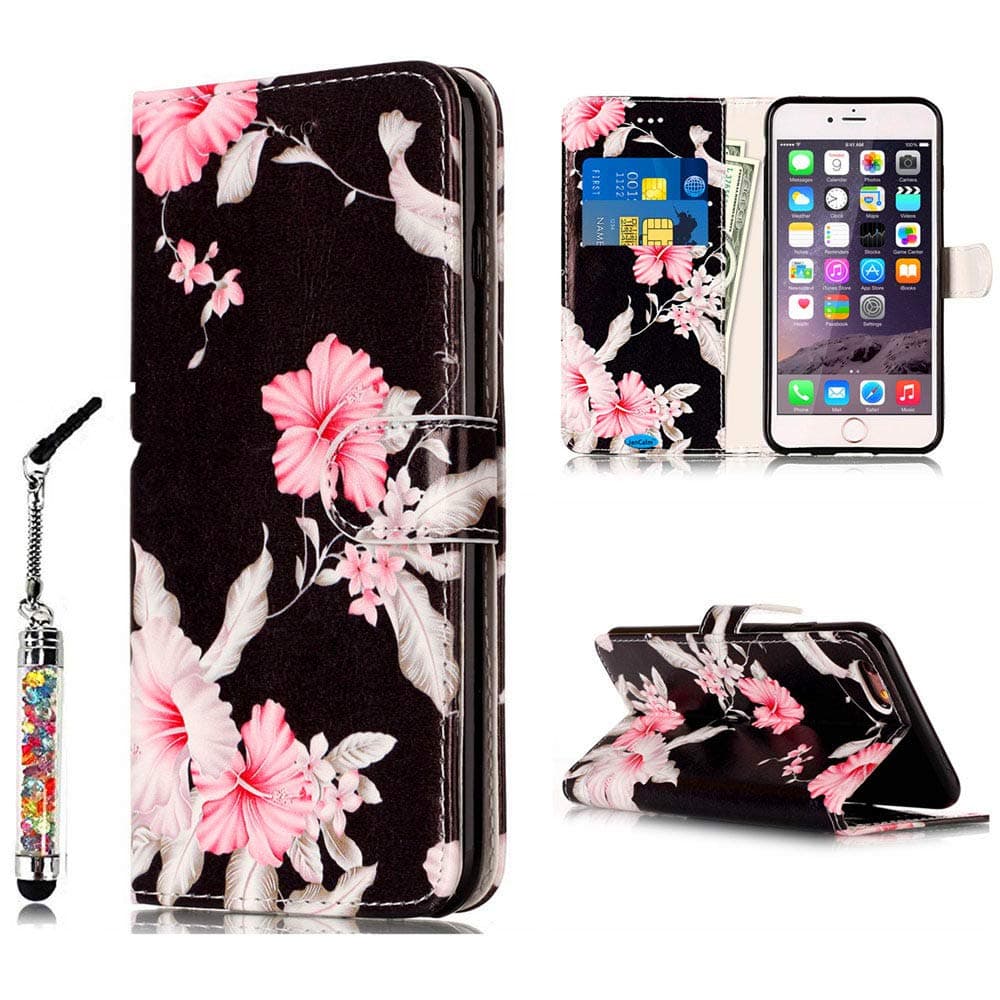 JanCalm for iPhone SE 2022/SE 2020 Case,for iPhone 7/8/6/6S Case (Not Plus),PU Leather [Wrist Strap] [Card Holder/Cash Slots] Stand Flip Cover (Black/Flower)