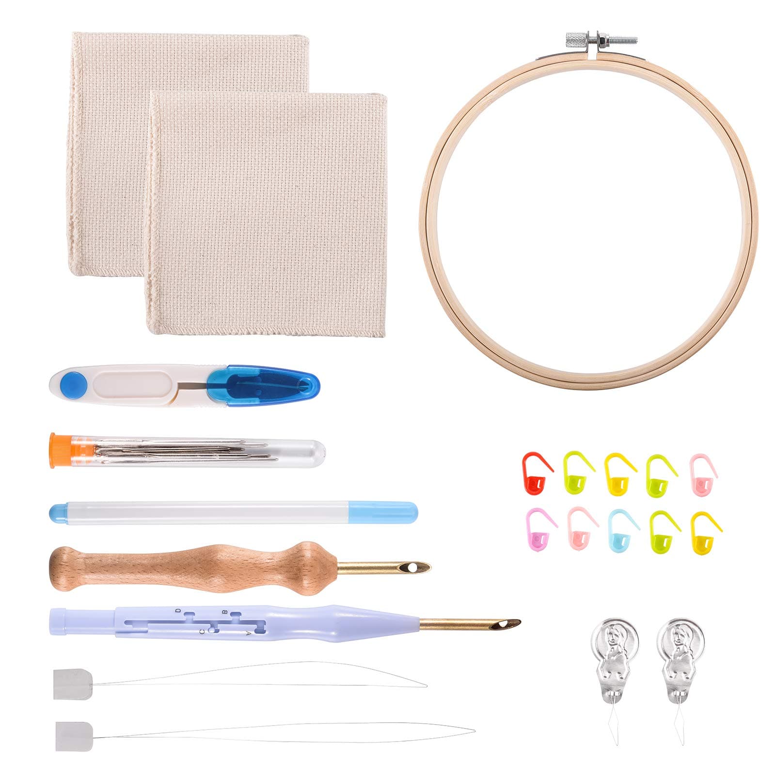 Punch Needle Embroidery Kits include Adjustable Rug Yarn Punch Needle, Wooden Handle Embroidery Pen, Embroidery Hoops, Needle Threader, Needlework Cloth for Adults Kids Beginner (Set 1-30 Pcs)