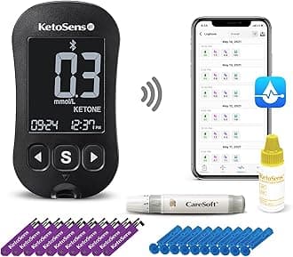 Blood Ketone Monitoring Starter Kit with Bluetooth - Ideal for Keto Diet. Includes Meter, 10 Ketone Test Strips, 1 Control Solution Vial, 1 Lancing Device, 10 Lancets & Travel Case