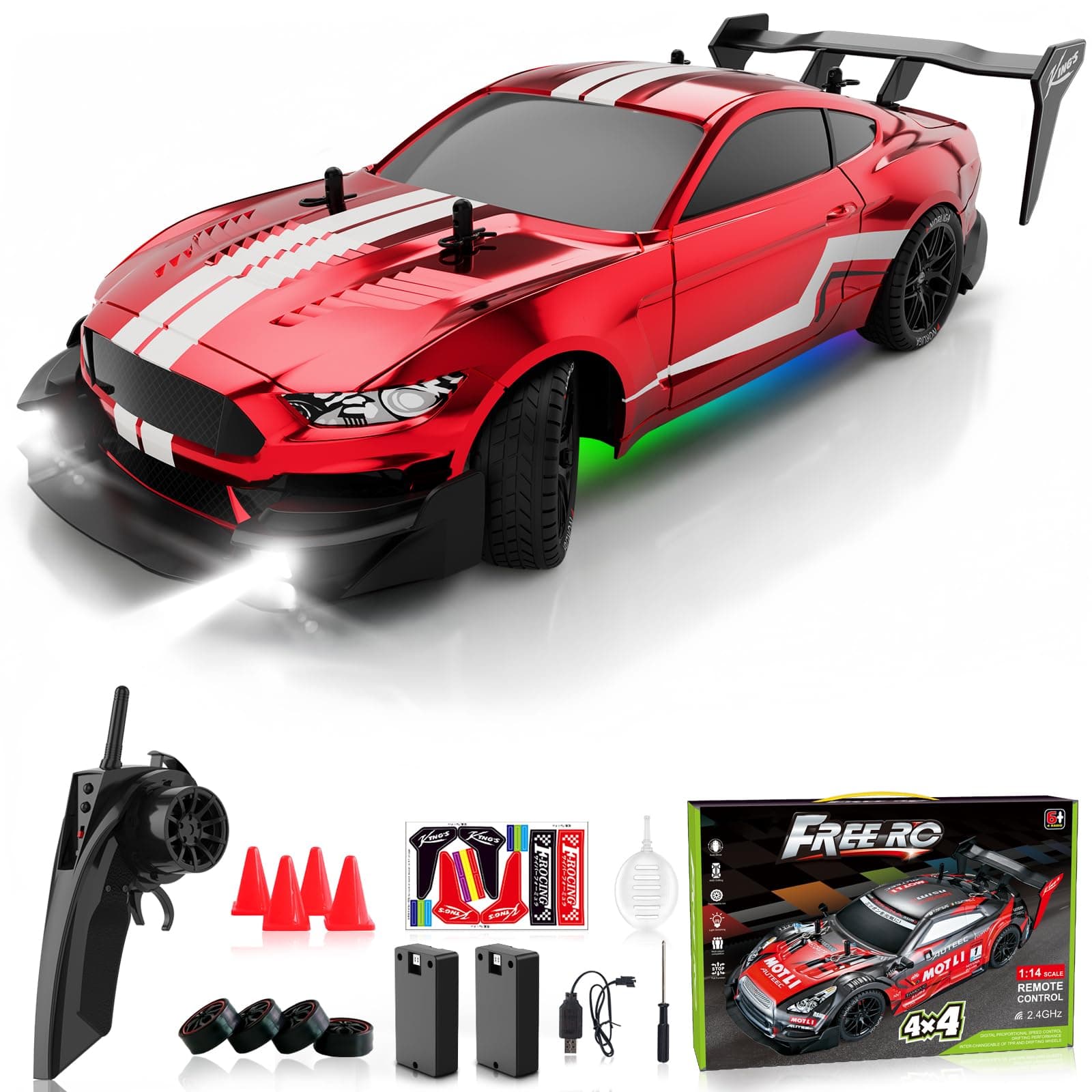 Remote Control Car RC Drift Car 1:16 Scale 4WD RC Car with LED Lights 2.4GHz 30km/h RTR High Speed Racing Sport Toy Car for Adults Boys Girls Kids Gift 2Pcs Rechargeable Battery