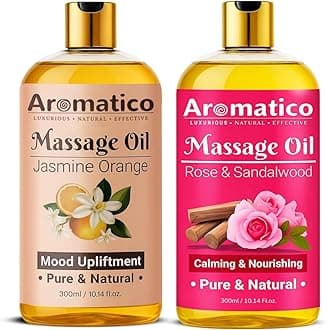 AROMATICO Rose Sandalwood & Jasmine Orange Massage Oils Pack of 2. For Mood Upliftment, Soothing Aroma, Muscle Relaxation & Skin Nourishment, 100% Natural, Non-Sticky - 300ml