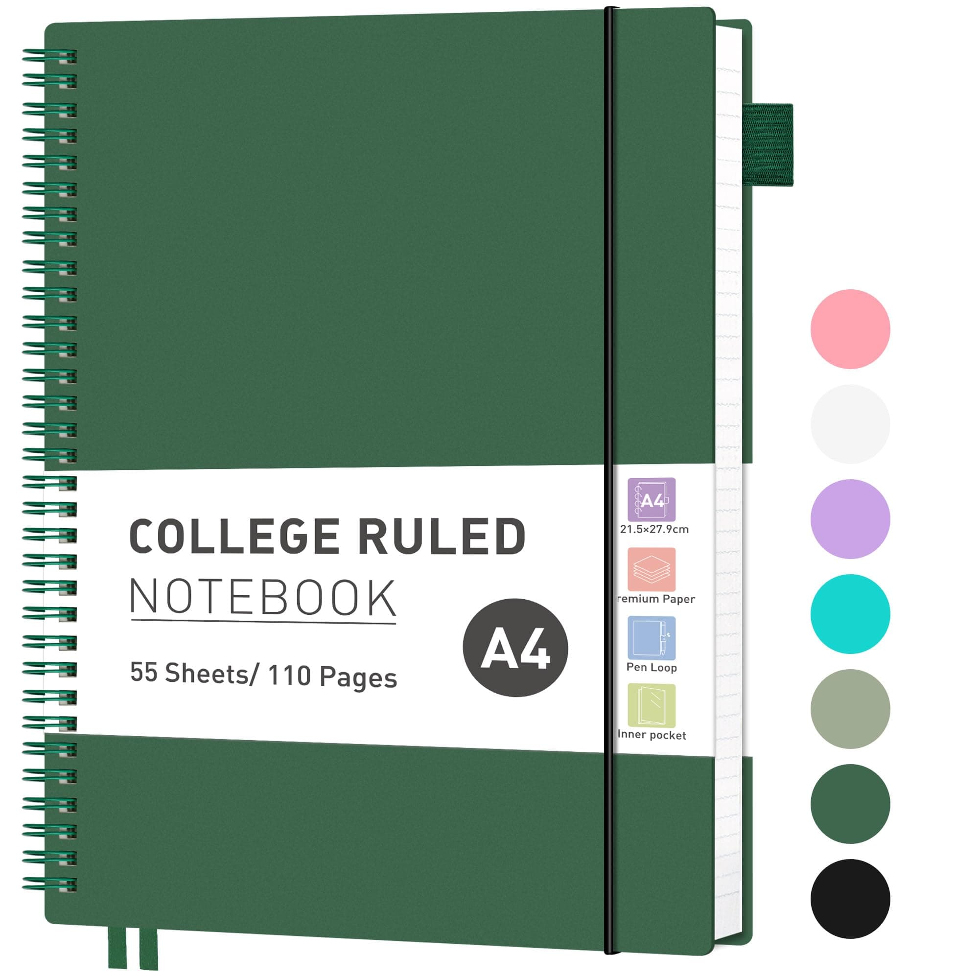 RETTACY A4 Notebook, Lined Wirebound Spiral Notebook College Ruled Paper 110 Pages for Writing, Journals for Women 100gsm, PVC Pocket, Pen Loop, Ruler, Bookmark, 21.5 x 27.9cm - Dark green