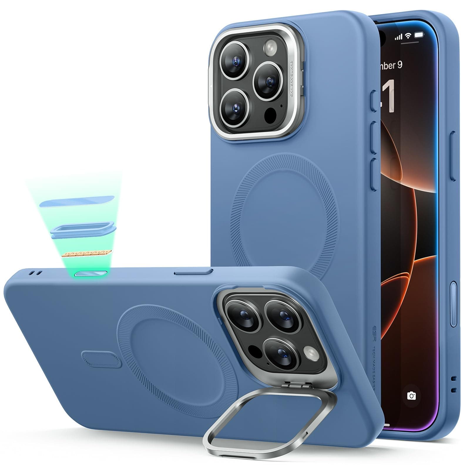 Design award winning series. ESR iPhone 16 Pro Max Case, MagSafe Compatible, Camera Control, Hidden Stand, Adjustable, Wireless Charging, US Military MIL Stand, Shockproof, Scratch Resistant, Lightweight, Smartphone Case, Premium Soft Material, Cloud-like Texture, iPhone 16 Pro Max Case, Classic Series