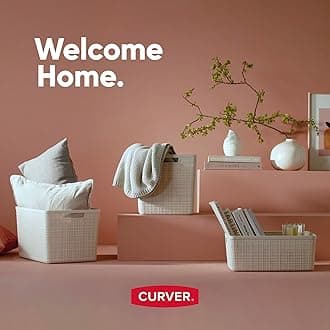 Curver Set of 4 Jute Cube Decorative Plastic Organization and Storage Baskets Perfect Bins for Home Office, Closet Shelves, Kitchen Pantry and All Bedroom Essentials, 17L / 18QT, White, 4 Piece