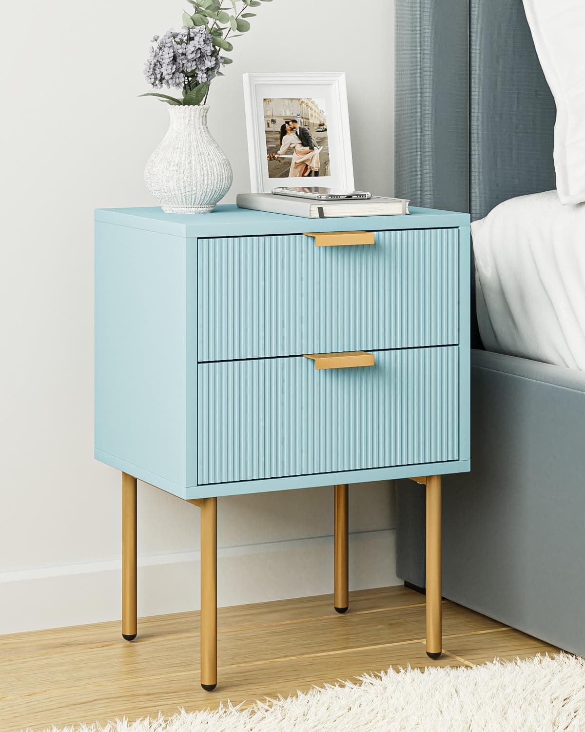 Nightstand,Morden Bedside Table with Gold Frame,Small Night Stand,End Table,Bedside Furniture,Side Table with Drawer and Shelf for Bedroom,Living Room (2Drawers, Blue)
