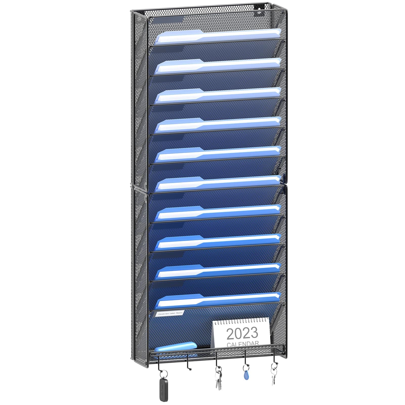 Hanging Wall File Organizer with Hooks, 12 Tier Vertical Wall Mount File Holder, File Folder Wall Organizer for Office