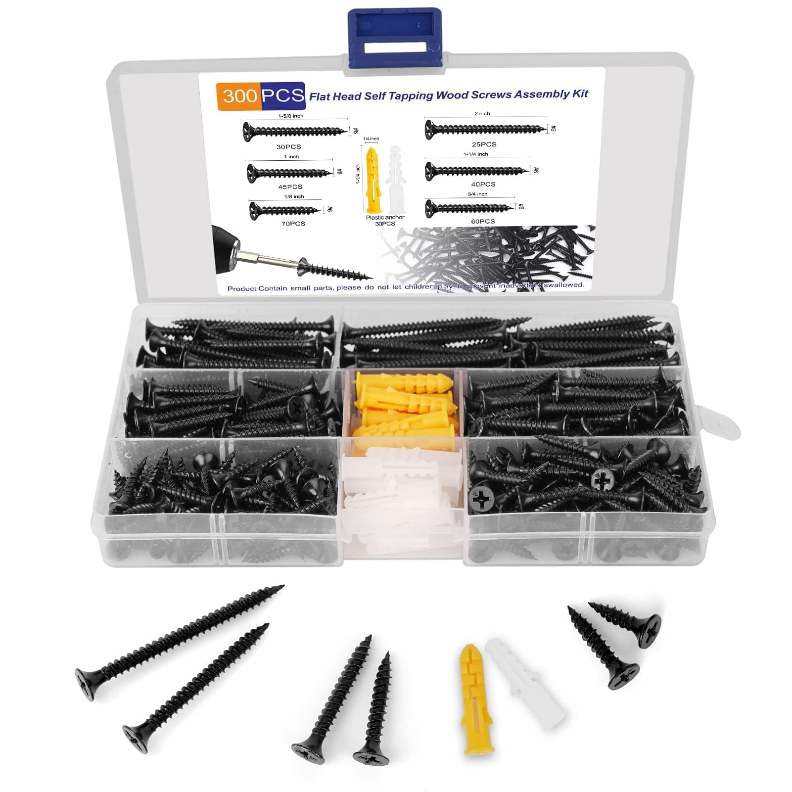 NALACAL Phillips Head Fast Flat Self-Tapping Screws, 300Pcs Drywall Anchors Kit Self Drilling, #6 Black Wood Screws Assortment Fasteners Kit with Case, Length 3/4" to 2"