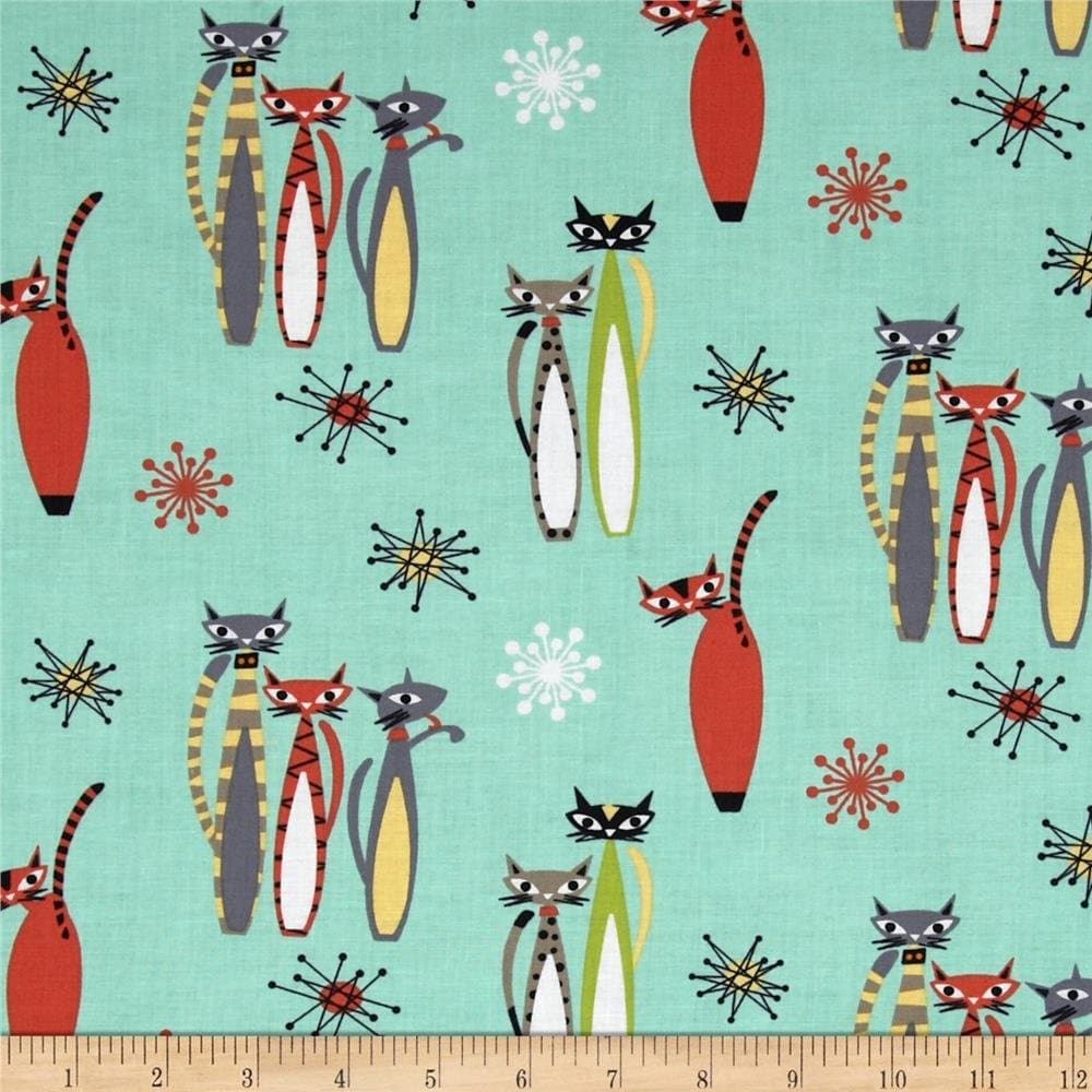Michael Miller Atomic Tabby's Atomic Tabby Seafoam, Fabric by the Yard