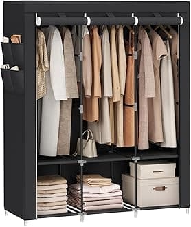 Fabric Wardrobe 45 x 130 x 167 cm 3 Hanging Compartments with Shelves 4 Side Pockets Large Space for Bedroom Living Room Black RYG092B02