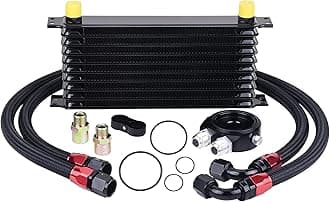 10 Row Oil Cooler Kit, 10AN Transmission Engine Cooler Japanese Radiator Universal Aluminium Black