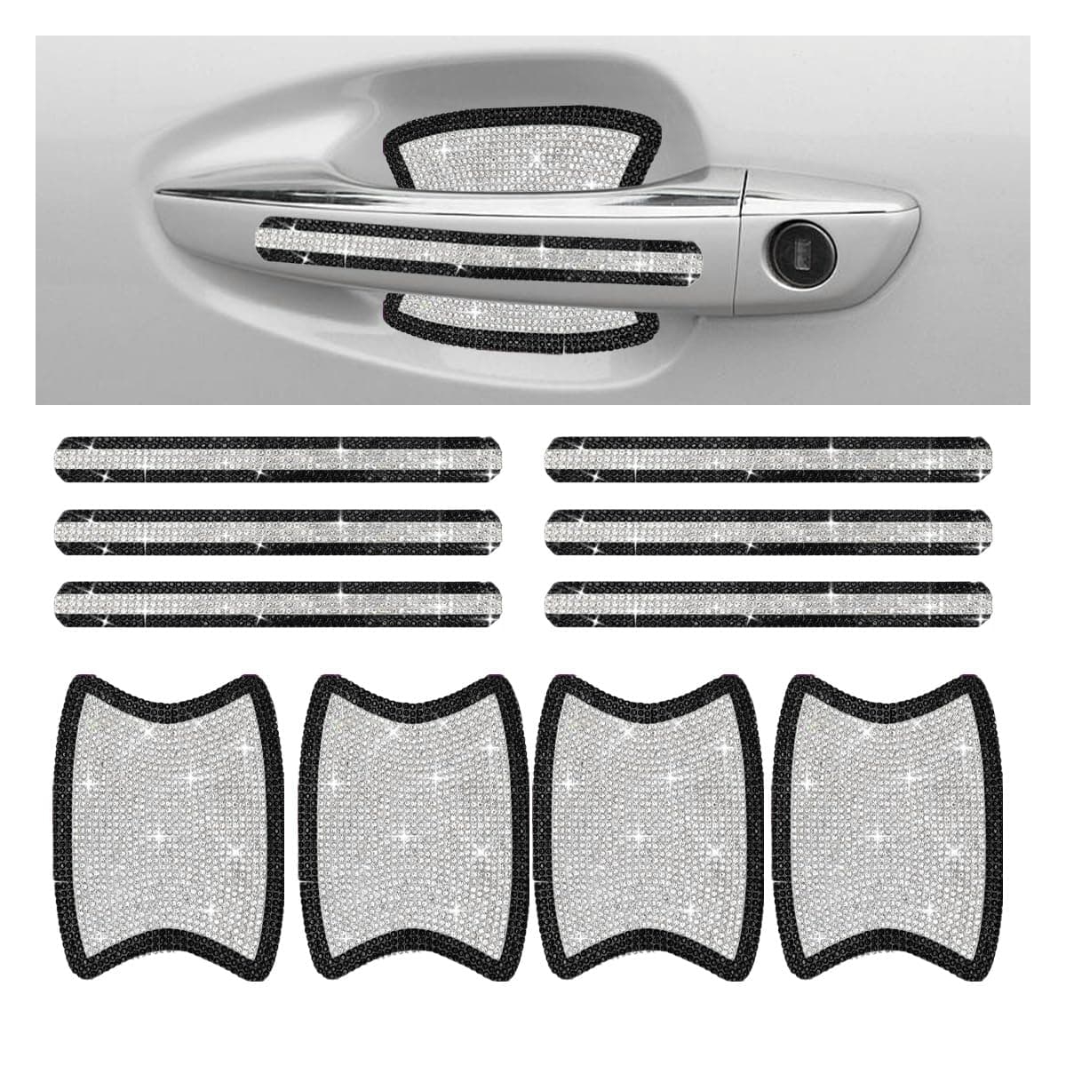 Bling Car Door Handle Protector, Bling Auto Doors Handles Sticker Anti-Scratch, Universal Car Door Handle Protective Cover, Shiny Rhinestone Auto Decor Accessories for Women (Black&White)