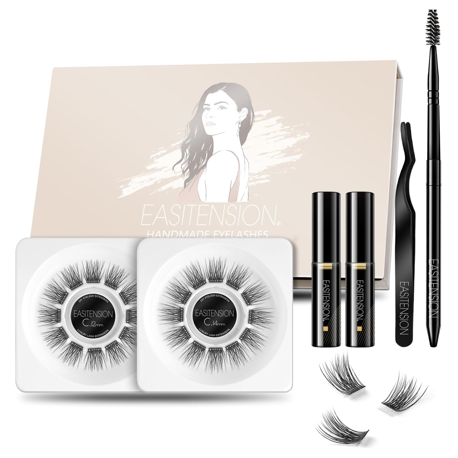 DIY Eyelash Extension, 3D Effect Glue Bonded Band Cluster Lashes Individual Lash Clusters Volume Lashes Set, At Home Eyelash Extension, C curl Lashes Pack 12mm,14mm (KIT)