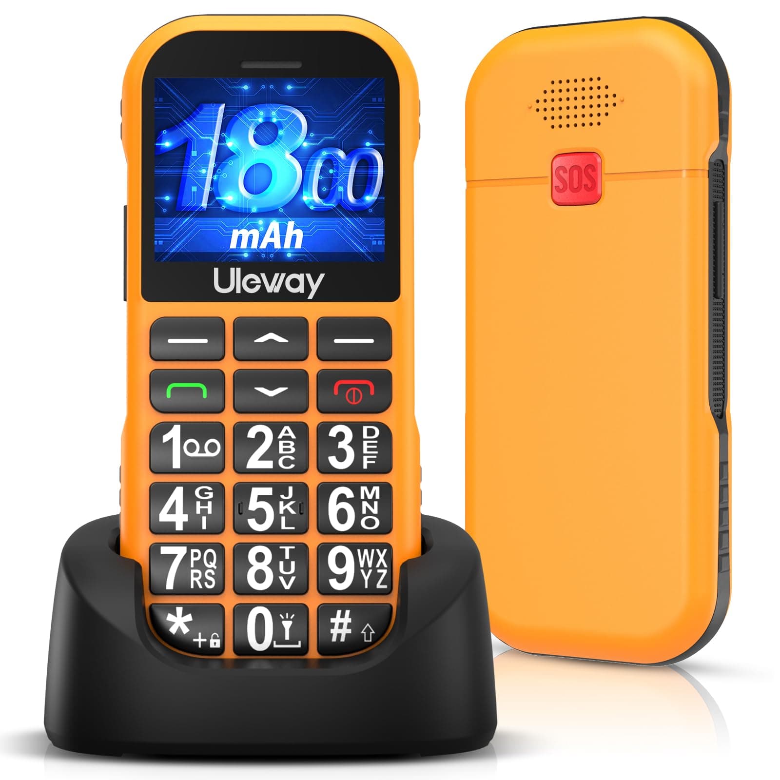Big button Mobile Phone for Elderly, GSM Unlocked Senior Mobile Phones with 1800mAh Battery, Dual SIM Easy to Use Basic Mobile Phone With SOS Emergency Button,USB-C Cable, Charging Station (Orange)