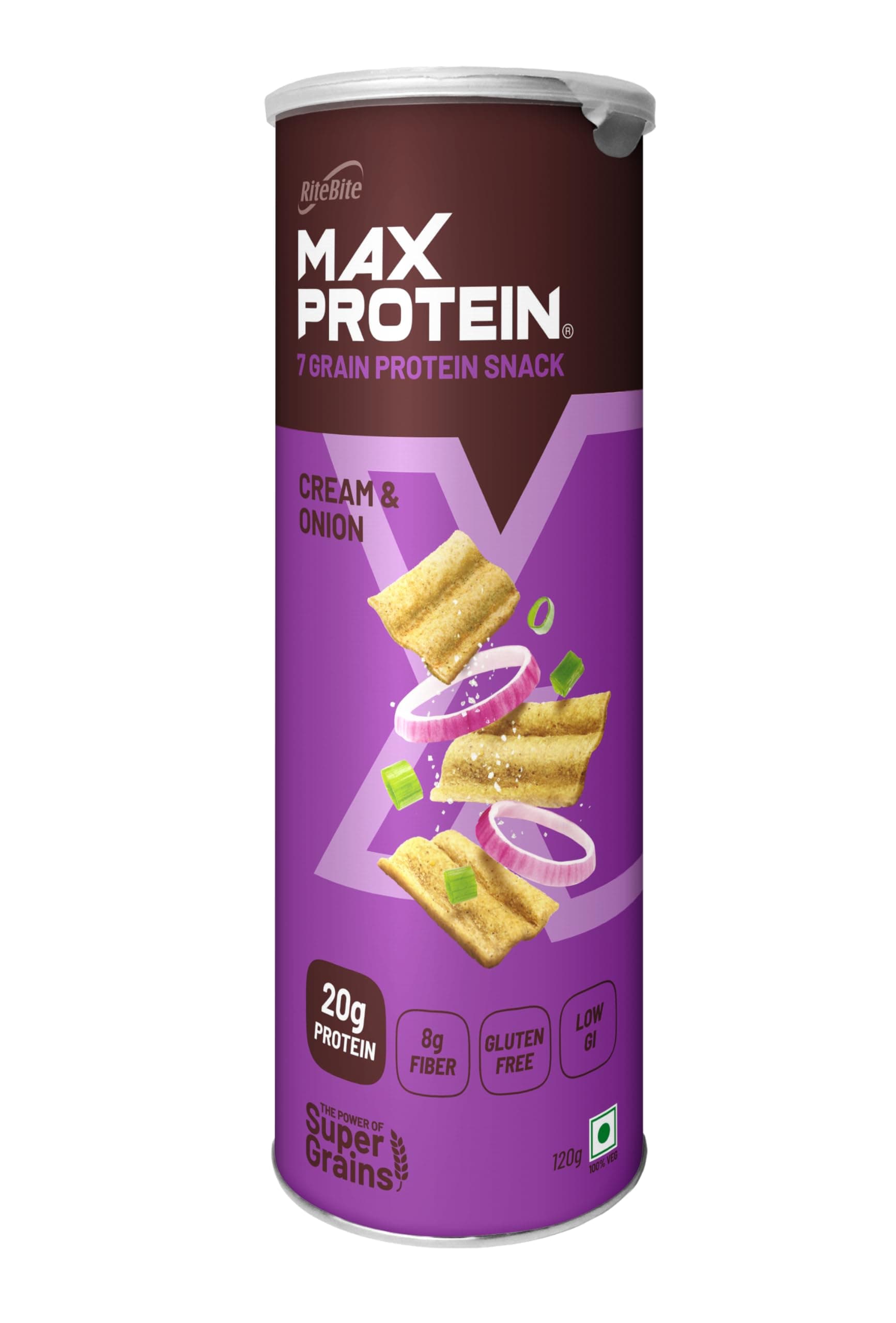 RiteBite Max Protein Chips Cream & Onion | With 20g Protein, 8g Fiber, Low Gi, Gluten Free, Made with Sorghum, Quinoa, Oats, Ragi | No Preservatives, 100% Vegetarian Healthy Protein Snack, 120g