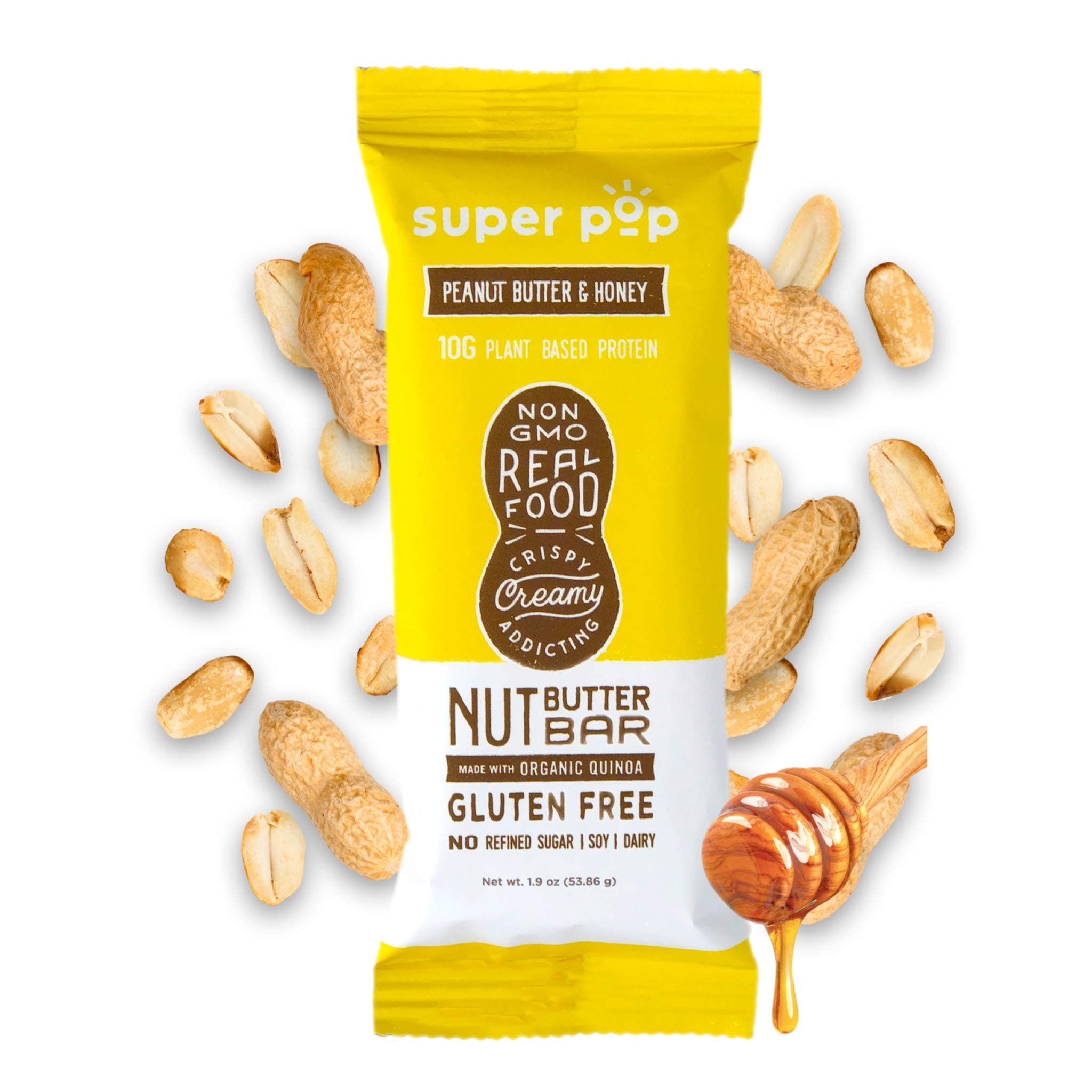 Super Pop SnacksClean Plant Based Protein Bars, ​All-Natural Peanut Butter Bars with Organic Whole Foods, ​Low Sugar, Gluten Free, Dairy Free, Gut Friendly Snack,10g Protein, Peanut Butter & Honey (12 pack)