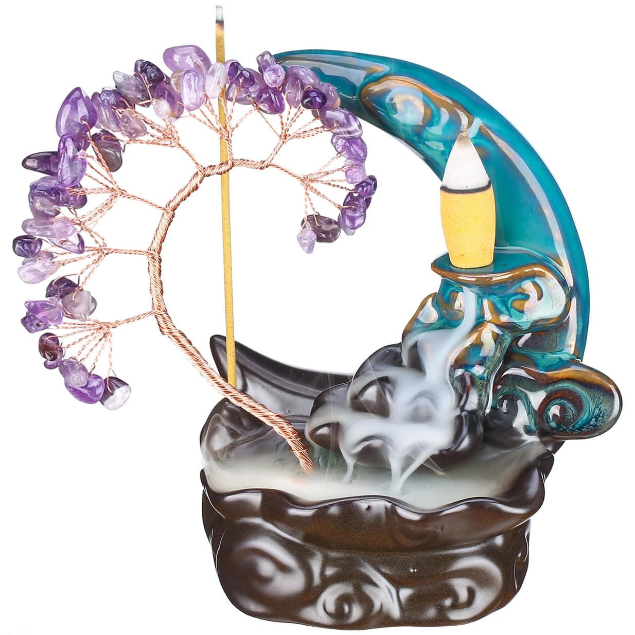 Incense Waterfall Moon Backflow Incense Burner Ceramic Incense Holders Amethyst Crystal Tree Incense Holder Namaste Yoga Meditation and Home Decor