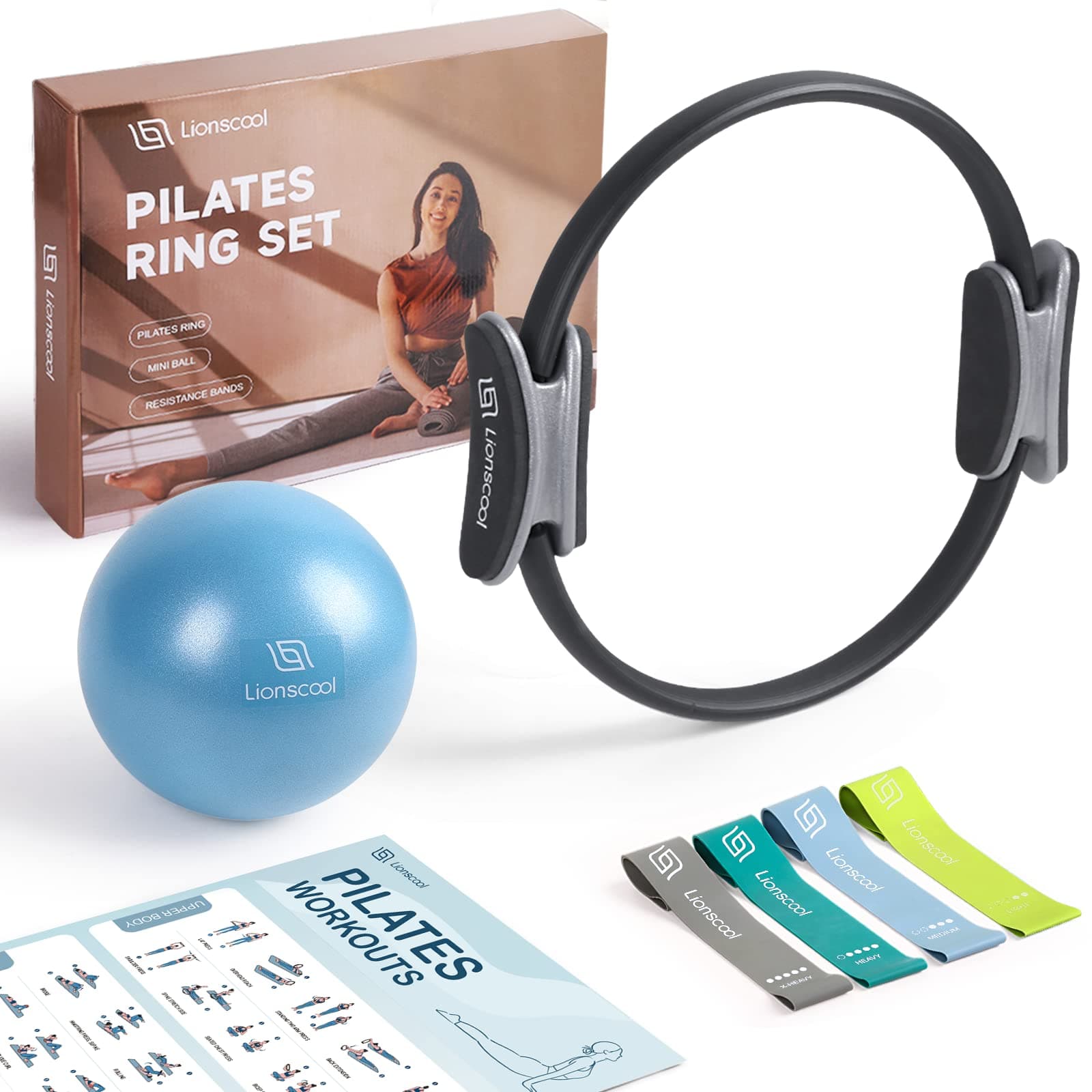 Pilates Ring Set - Premium14”Magic Circle with Dual Padded Handles - Includes Pilates Mini Ball & Highly Elastic Resistance Bands & Workout Guide & Bag